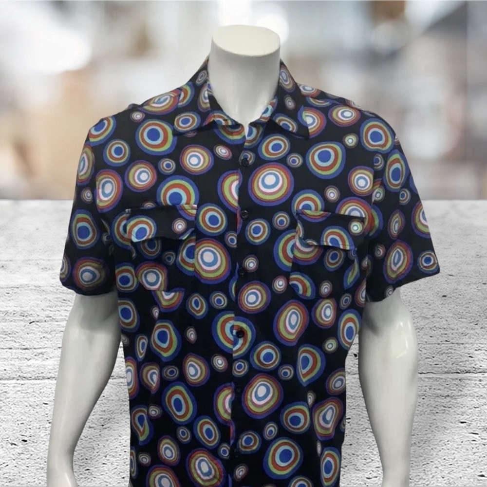JOGAL Black Psychedelic Bullseye Disco Button Up Short Sleeve Shirt Size 3XL 3X